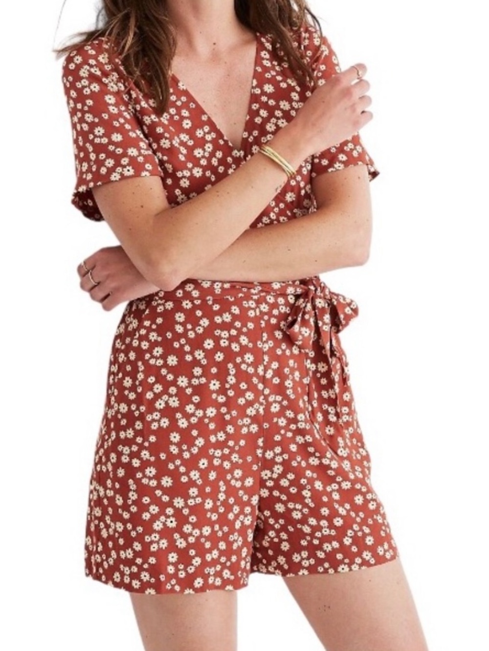 Madewell Rust Floral Wrap Romper with White Daisies, Sz 4 - Summer/Fall Piece!